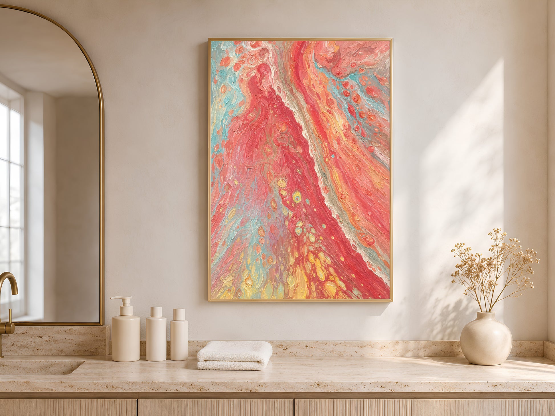 Coral red abstract swirl print in gold frame in bright entryway with arched niche and white ceramic vases
