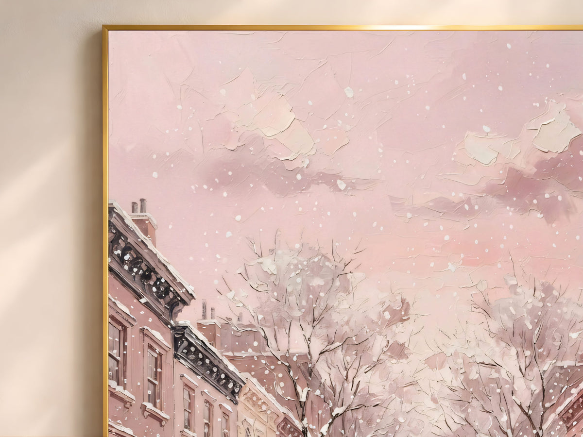 Pink NYC Taxi Wall Art, Snowy New York Street Print - Digital Download