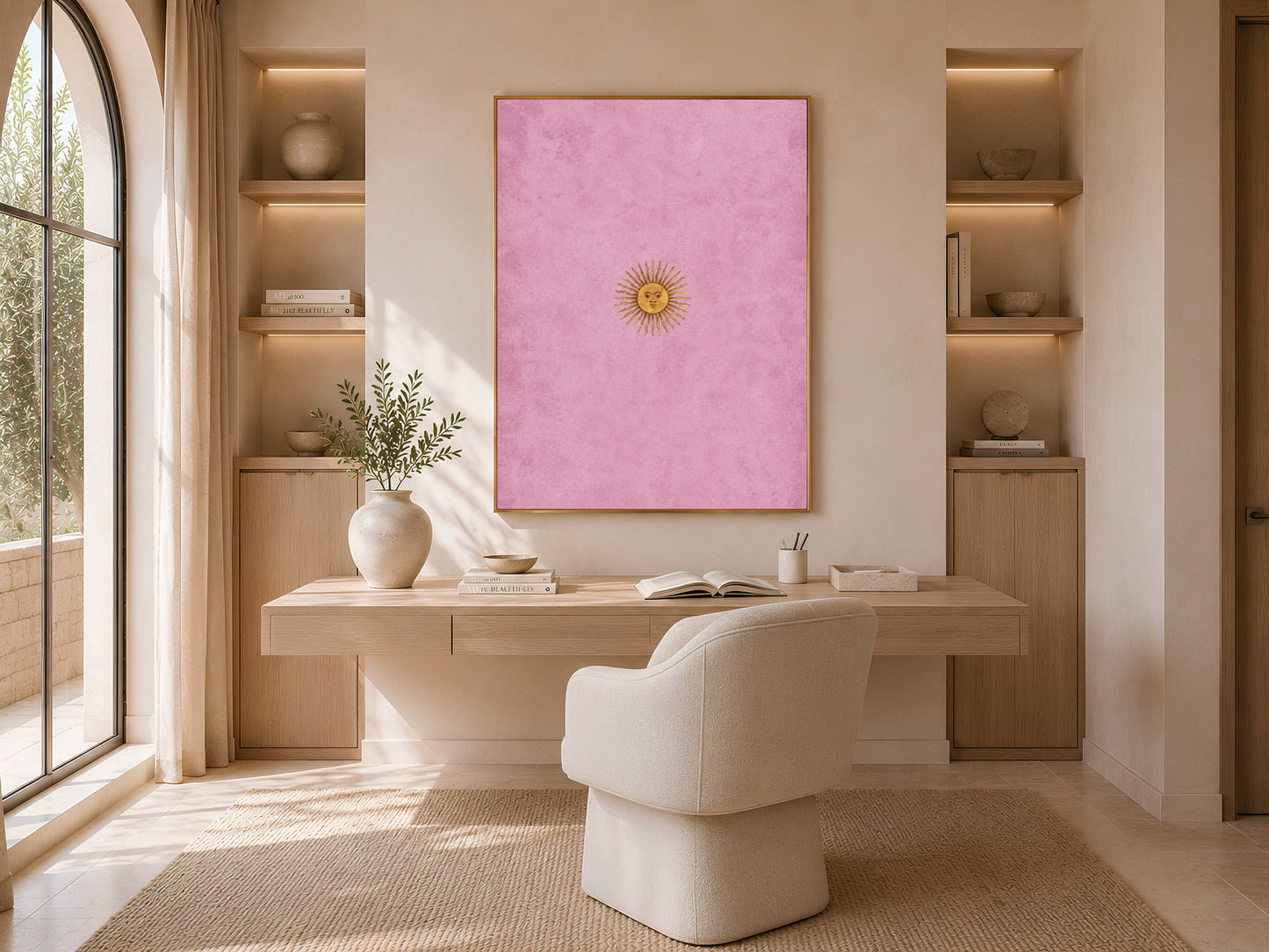 Vintage sun face wall art displayed above a home office desk with arched shelving, minimalist celestial print