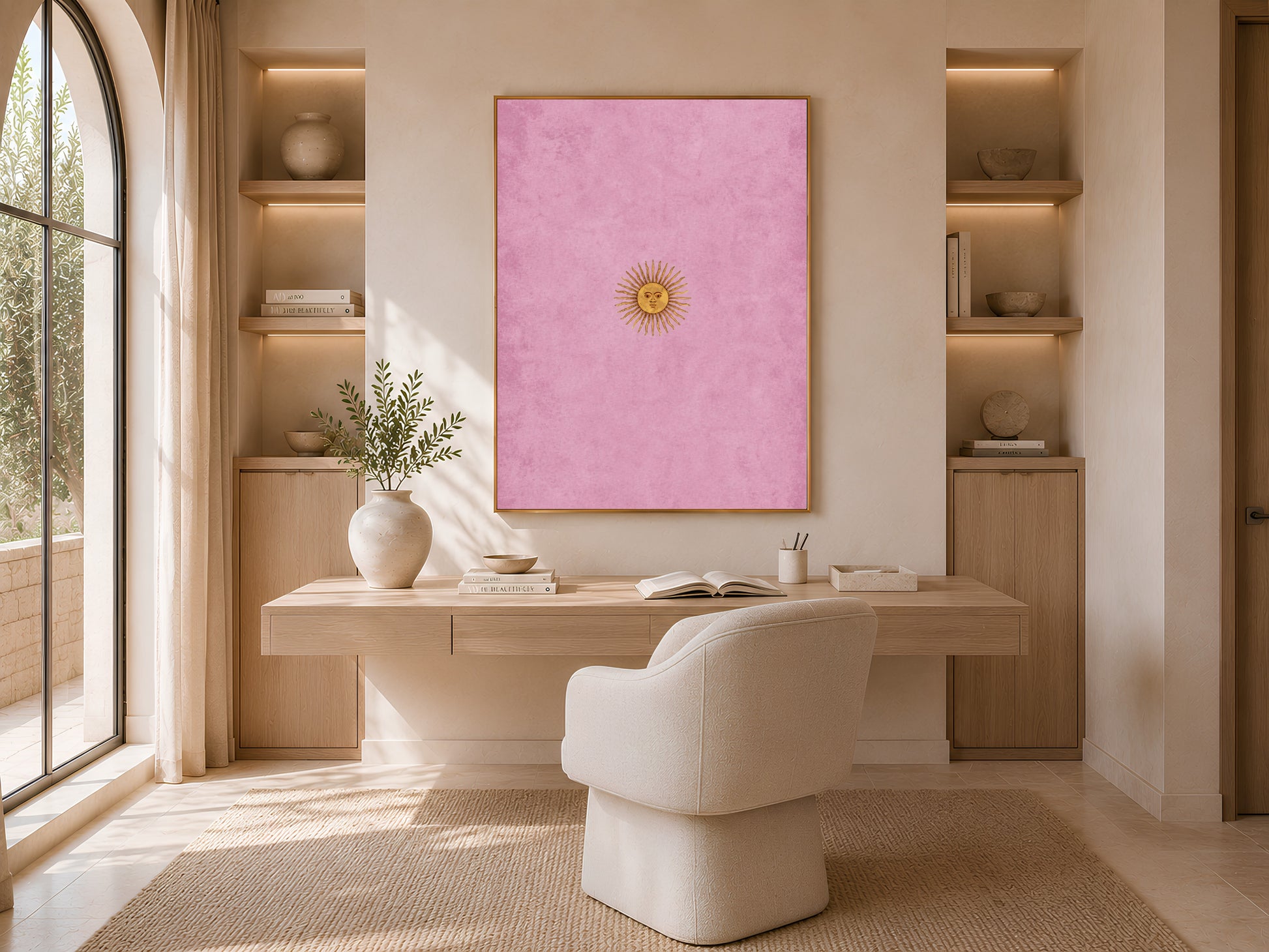 Vintage sun face wall art displayed above a home office desk with arched shelving, minimalist celestial print