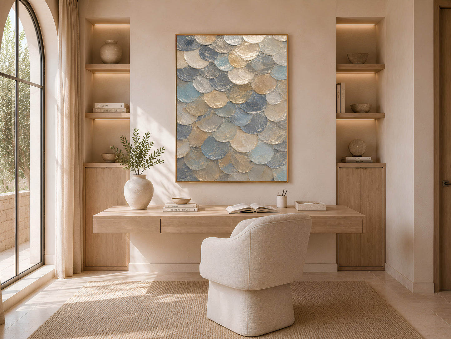  Framed capiz shell mosaic wall art above a built-in desk nook with a woven chair and large windows