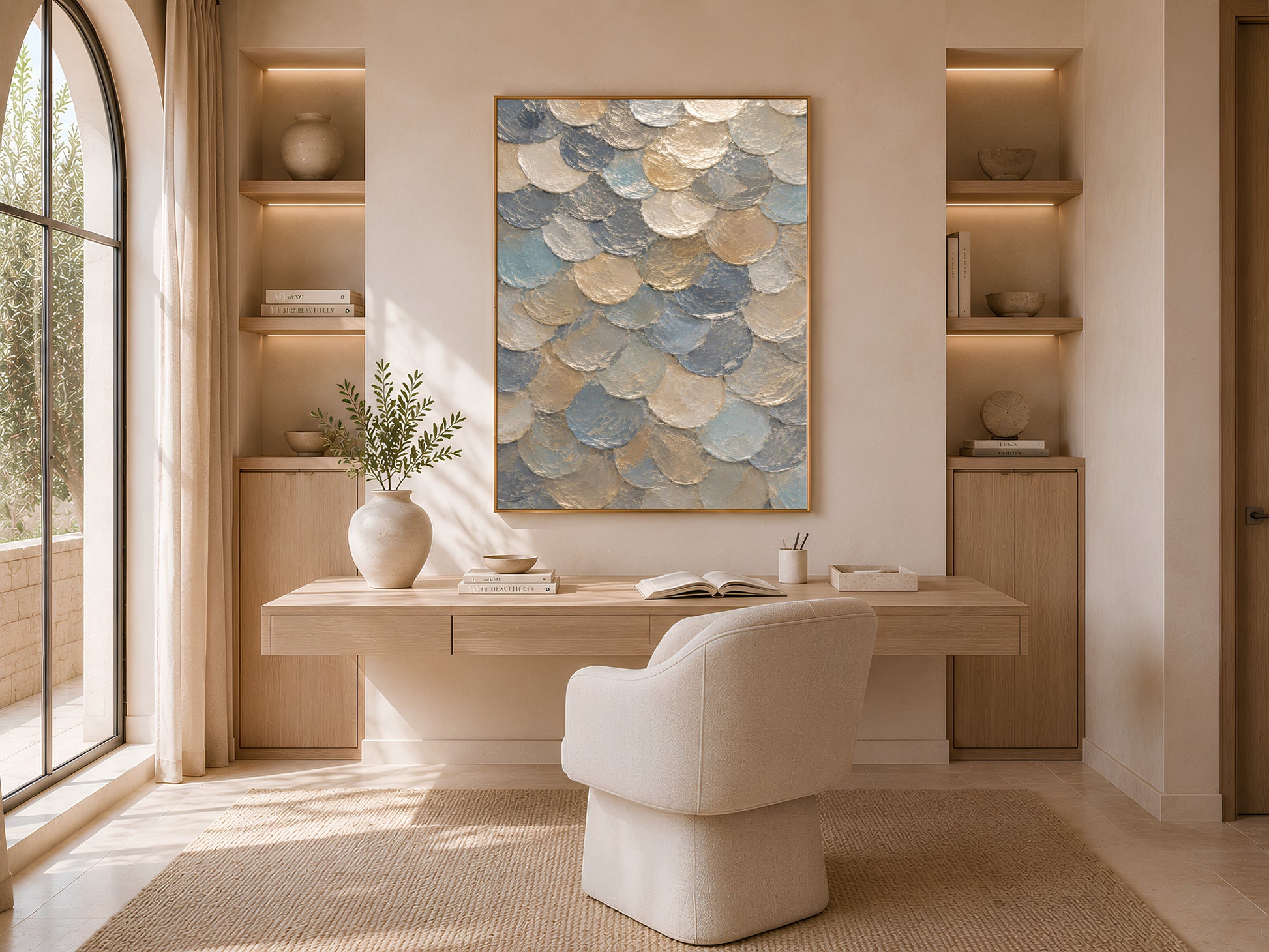  Framed capiz shell mosaic wall art above a built-in desk nook with a woven chair and large windows