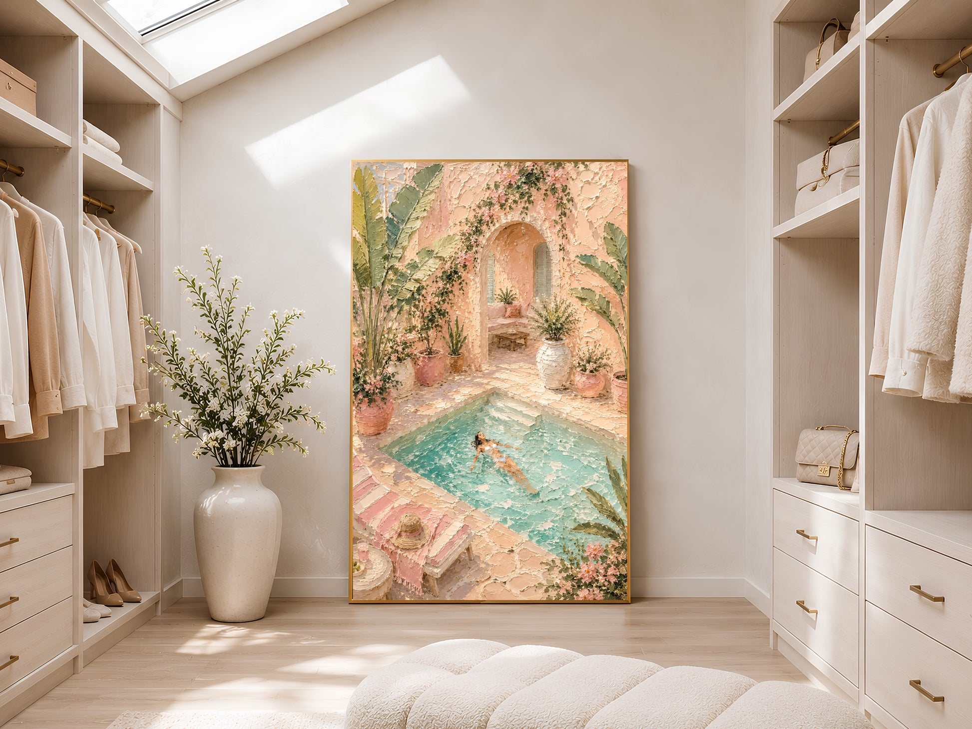 Framed Mediterranean pool villa painting print in pink, green and teal displayed in a light-filled walk-in wardrobe with white shelving and natural light
