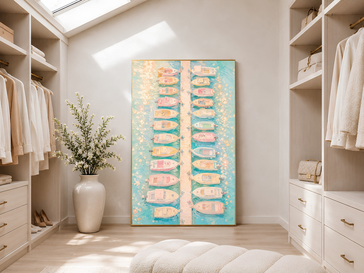 Pastel boat wall art in gold frame displayed in a bright neutral walk-in wardrobe with open shelving and skylight