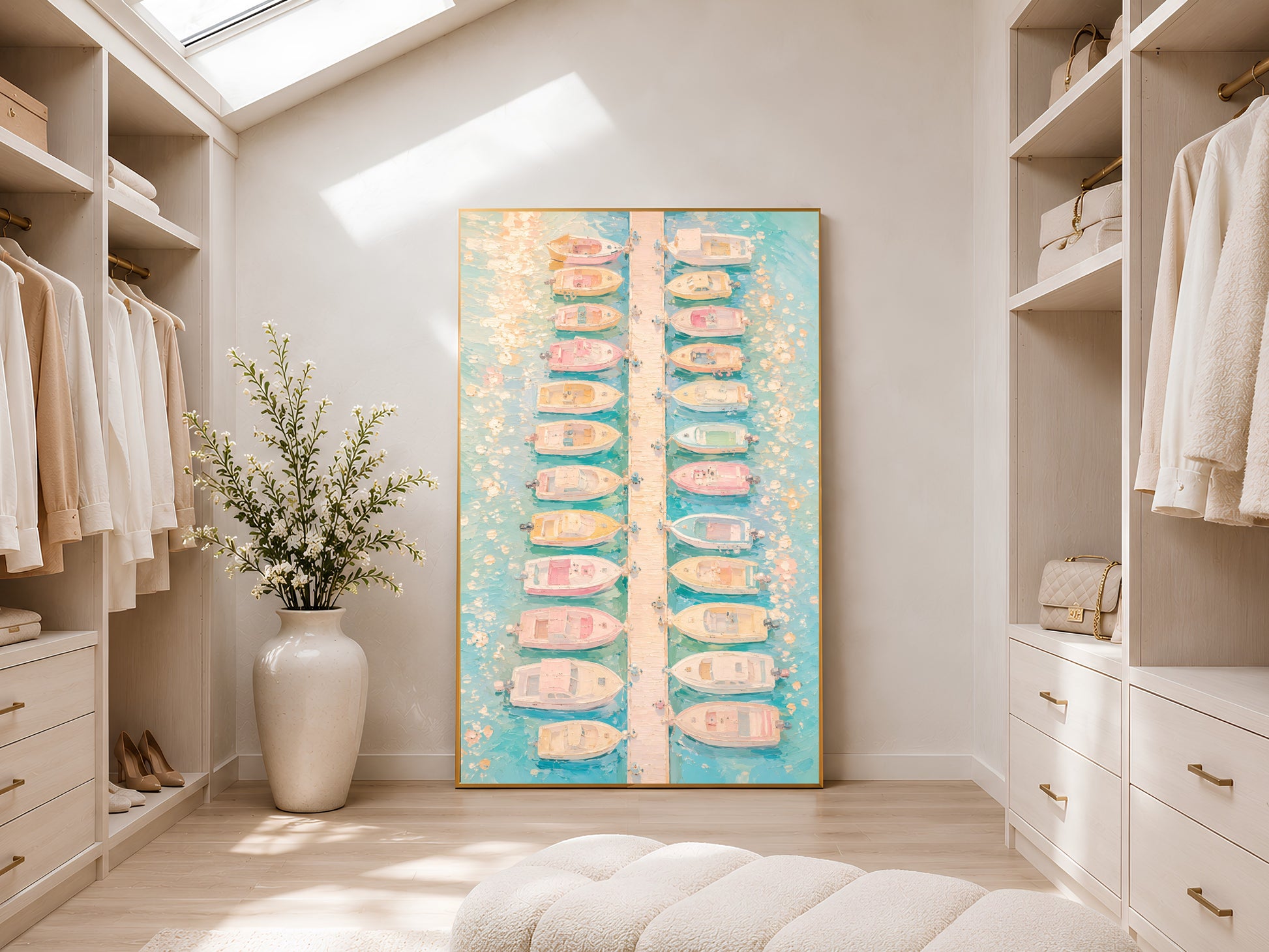 Pastel boat wall art in gold frame displayed in a bright neutral walk-in wardrobe with open shelving and skylight