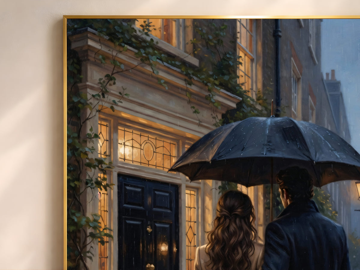 Romantic Couple Wall Art, Rainy London Street Oil Painting Print - Digital Download