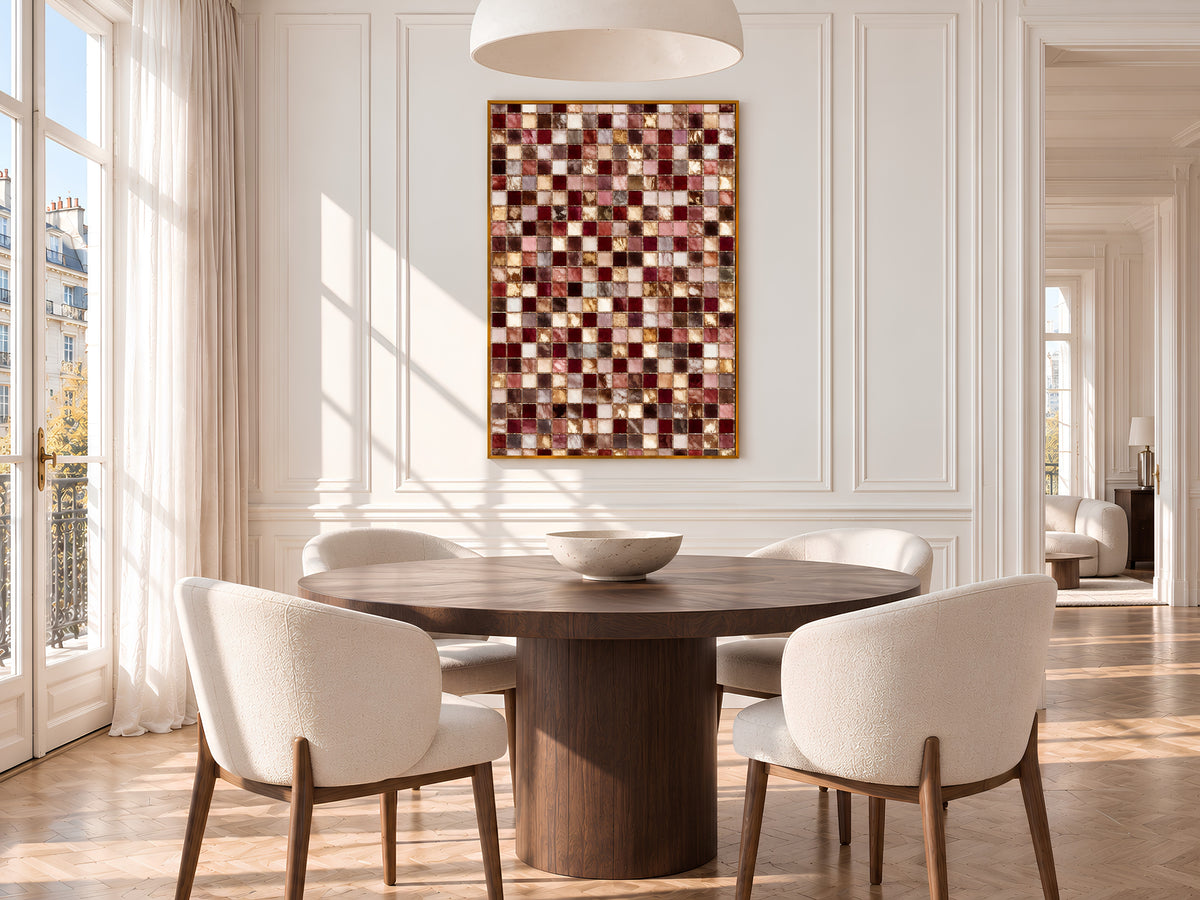 Pink and Burgundy Mosaic Tile Wall Art Print, Dusty Rose, Mauve and Gold Tile Grid Painting, Printable Romantic Decor, Digital Download