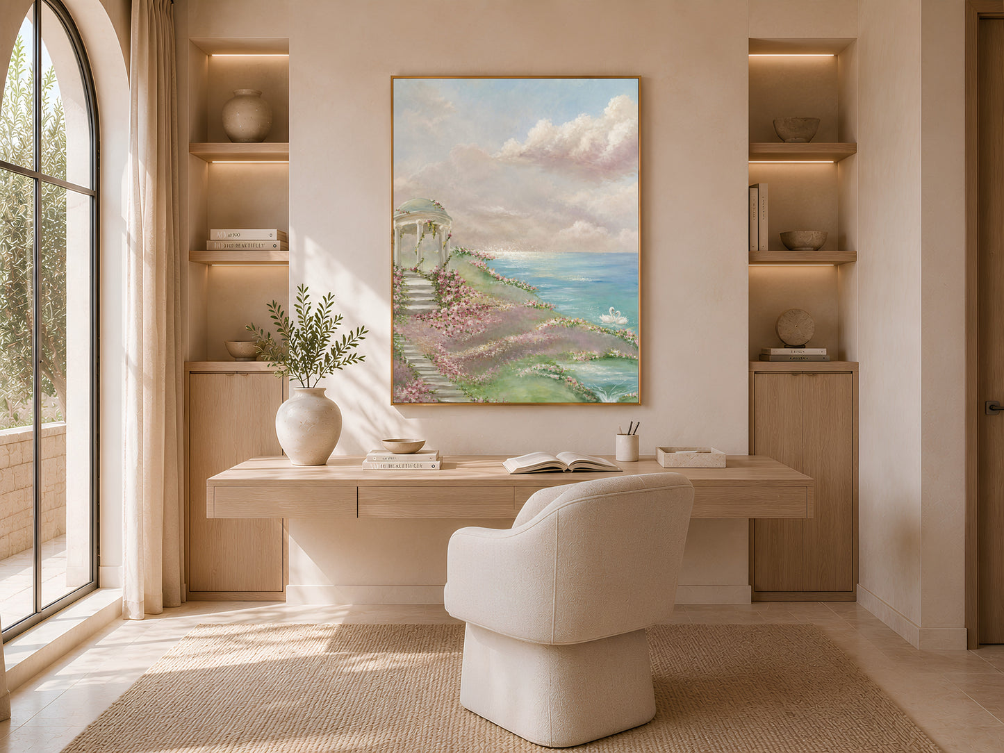 Romantic garden gazebo wall art framed in a mauve living room with arched shelving
