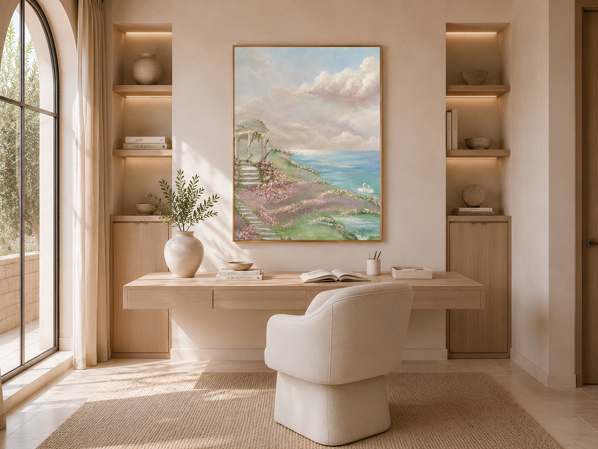 Romantic garden gazebo wall art framed in a mauve living room with arched shelving