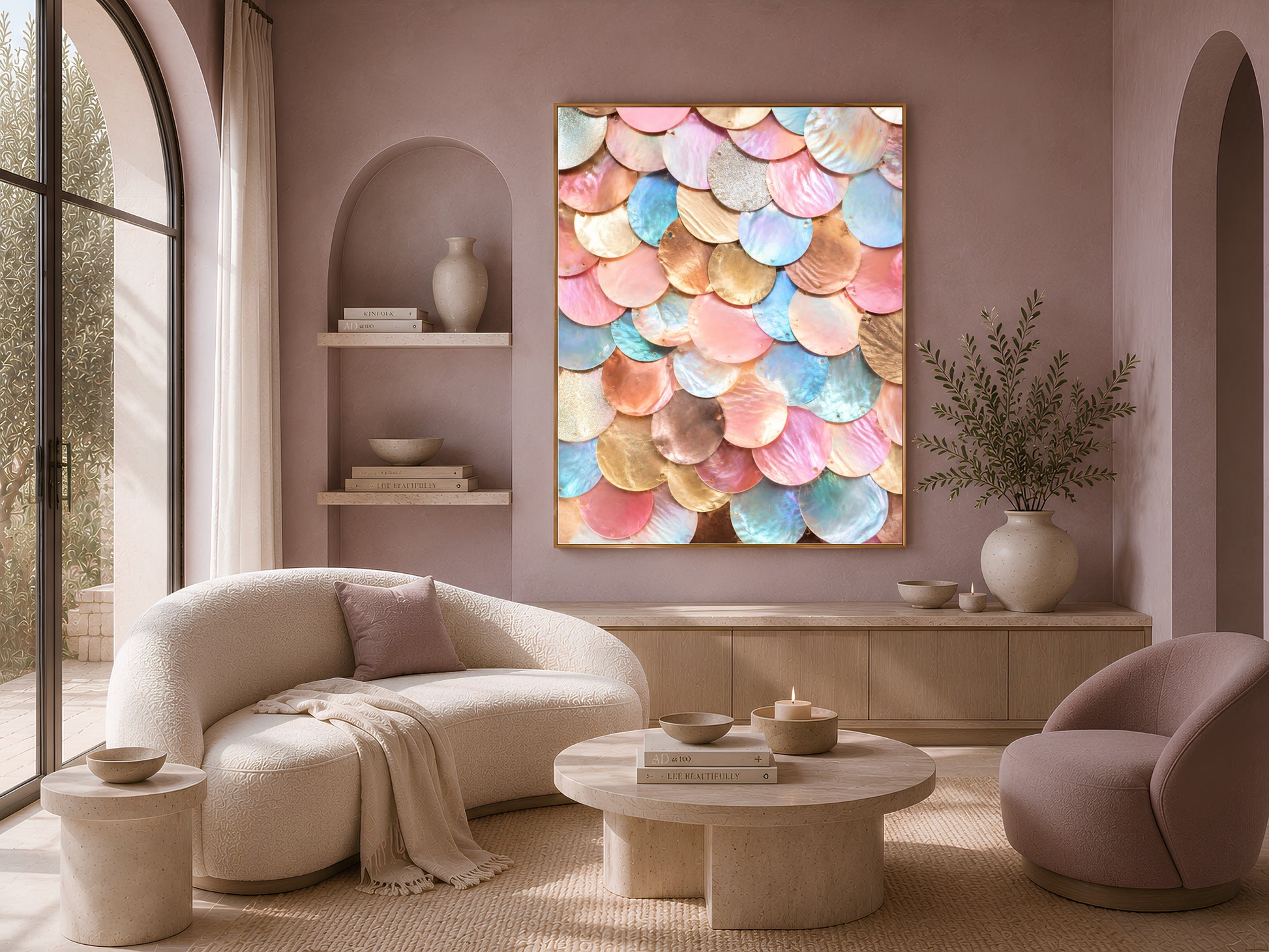 Rose gold and teal wall art framed on a mauve wall above a sofa and accent chairs