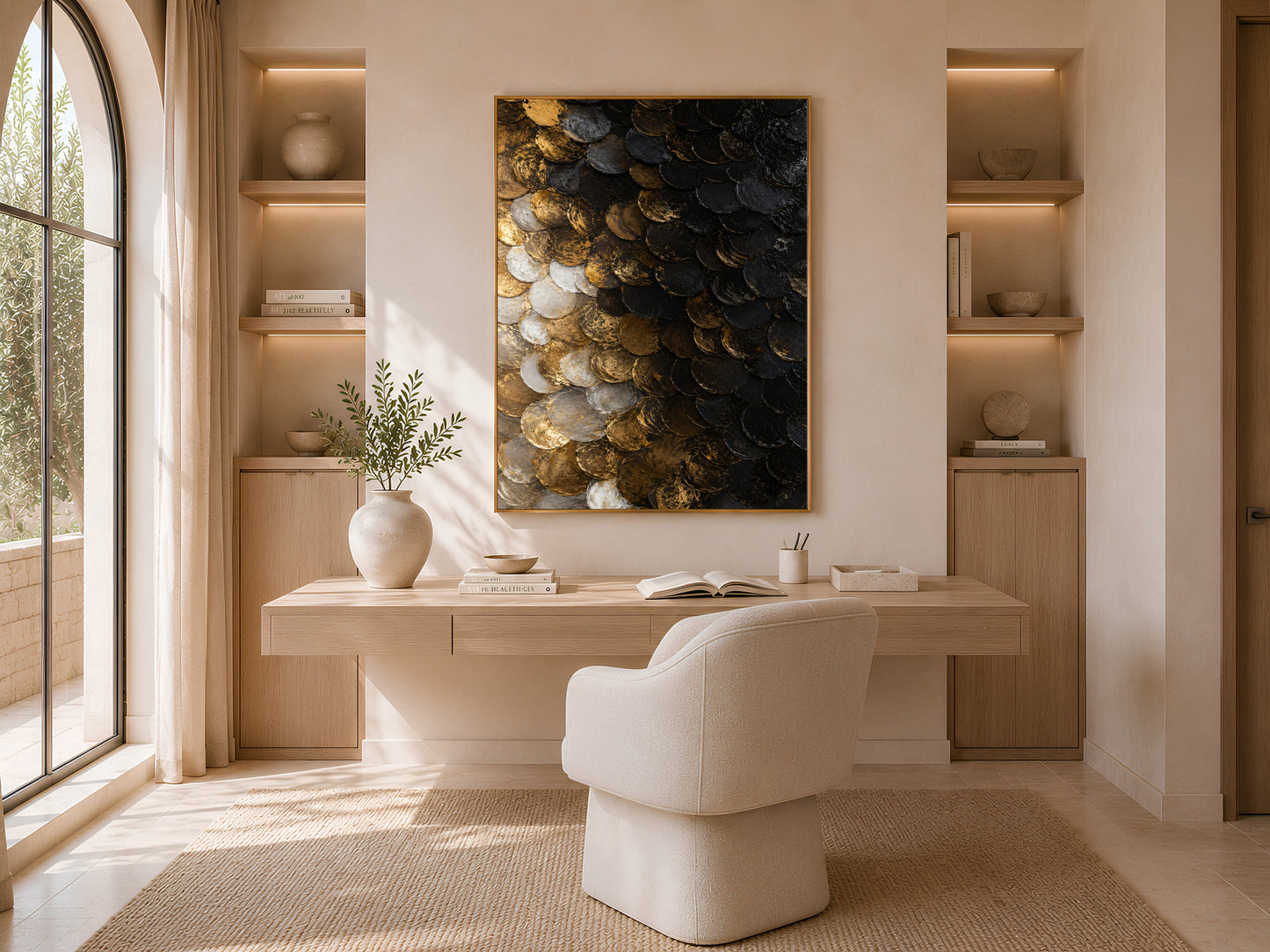 Black gold capiz shell art in built-in shelf nook with cream armchair
