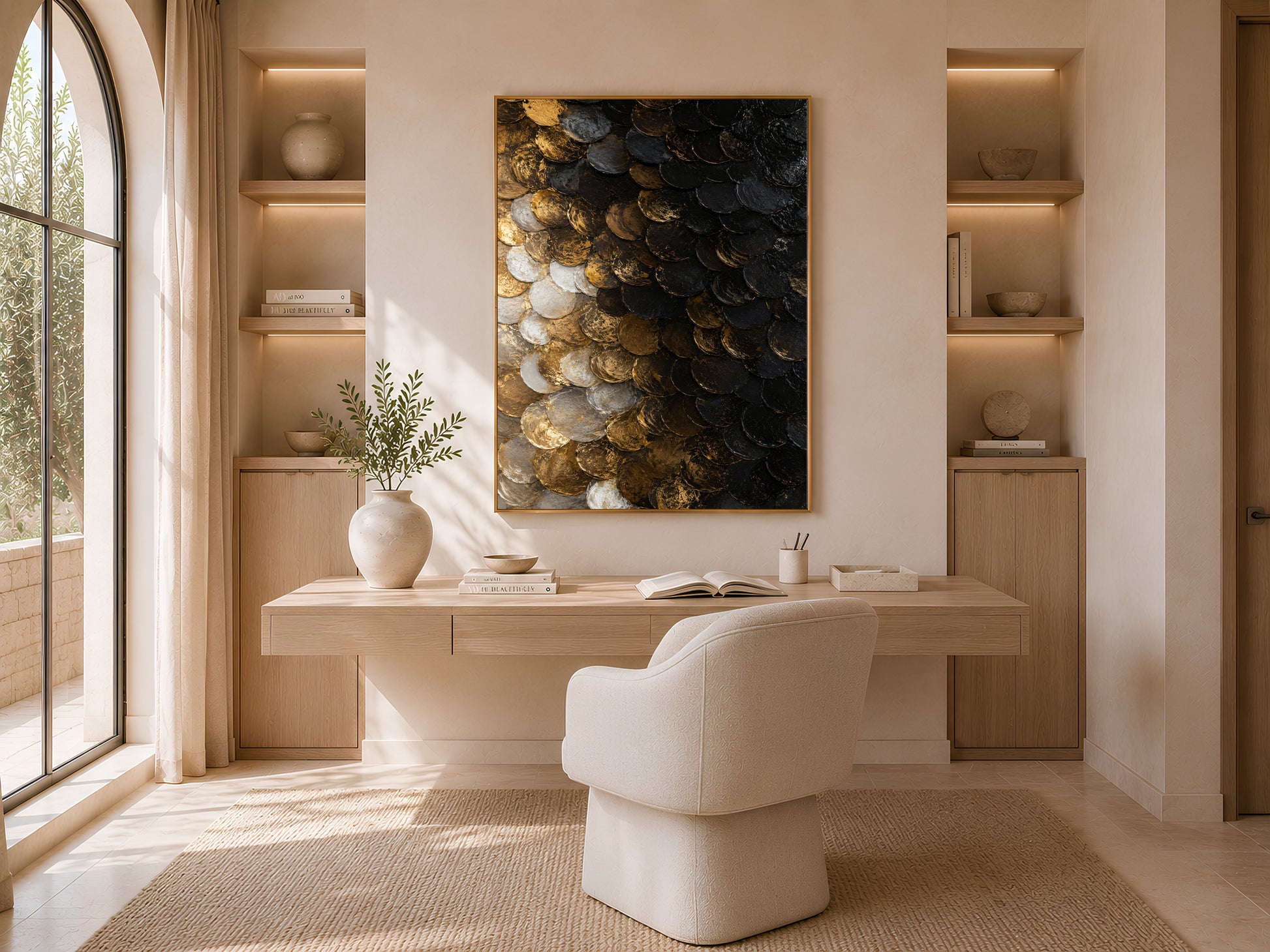 Black gold capiz shell art in built-in shelf nook with cream armchair
