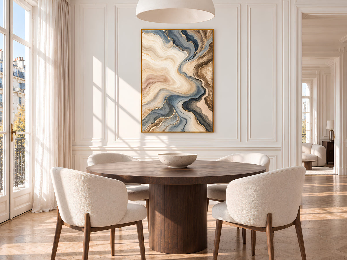Blue Gray and Beige Abstract Wall Art, Slate Blue and Brown Marble Swirl Print with Gold Veins, Printable Neutral Decor, Digital Download