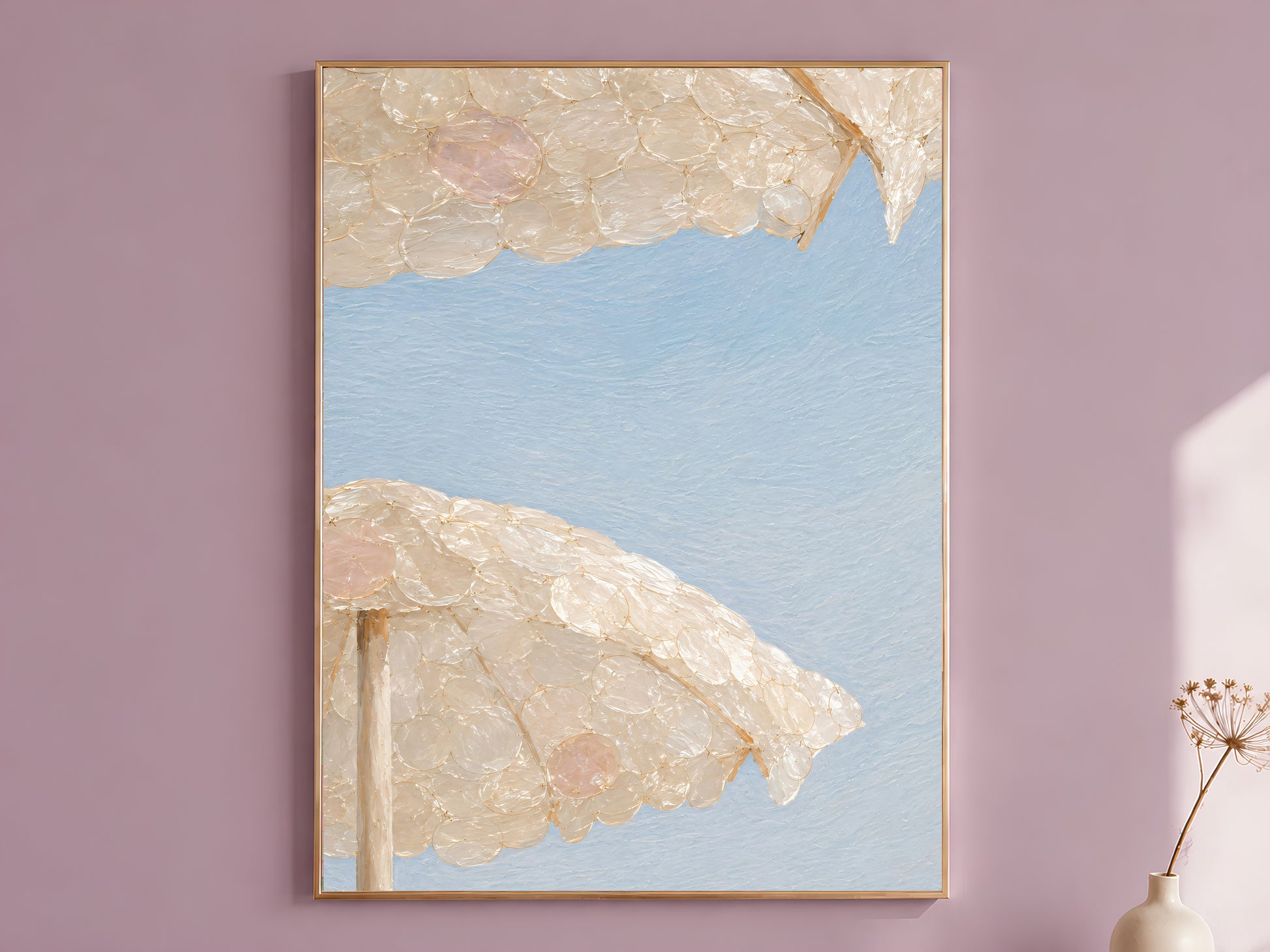 Capiz shell beach umbrella wall art print in a thin gold frame on a dusty lilac wall
