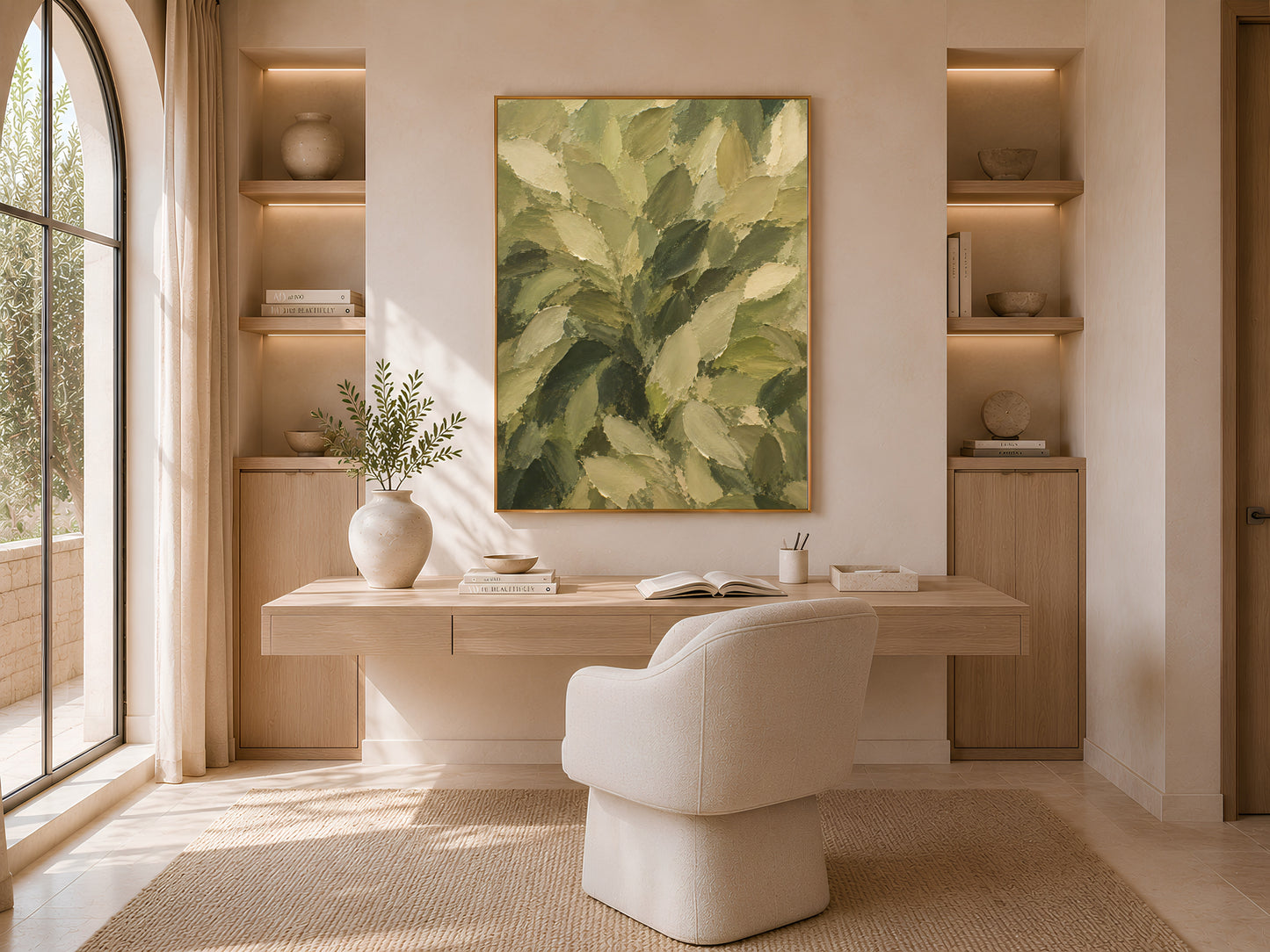 Olive green leaf wall art print framed above a desk in a sunlit arched-window office
