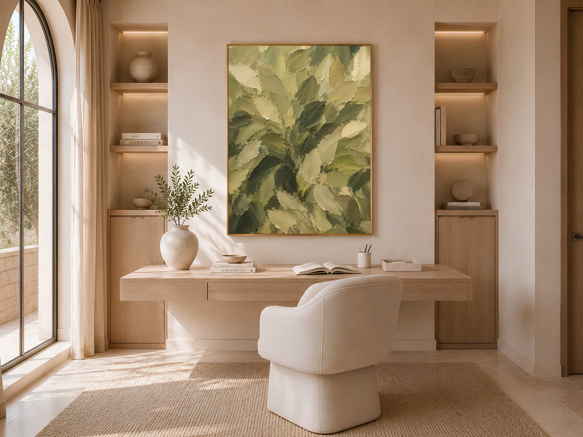 Olive green leaf wall art print framed above a desk in a sunlit arched-window office