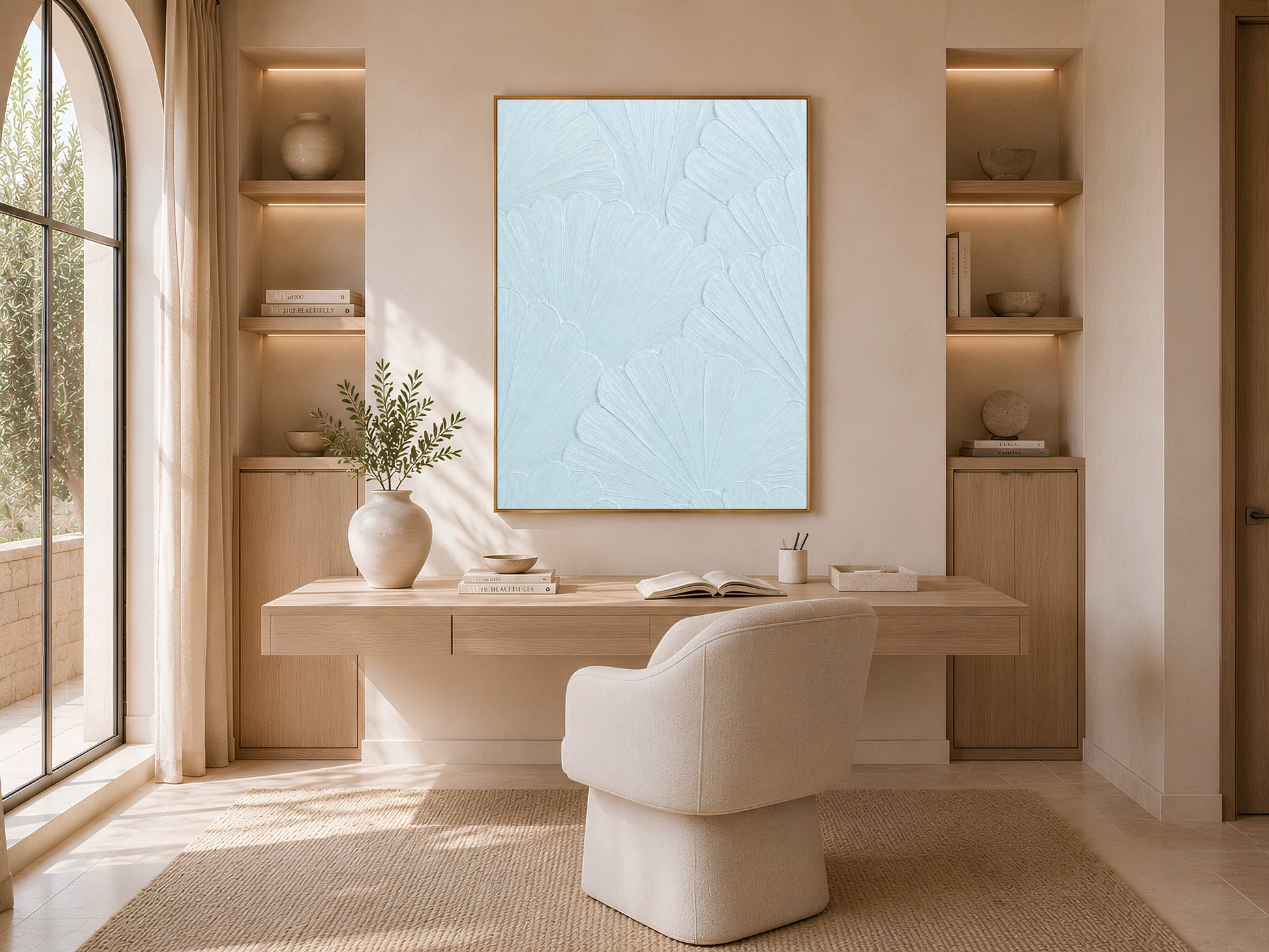 Powder blue wall art framed above a desk in a warm neutral home office with arched shelving
