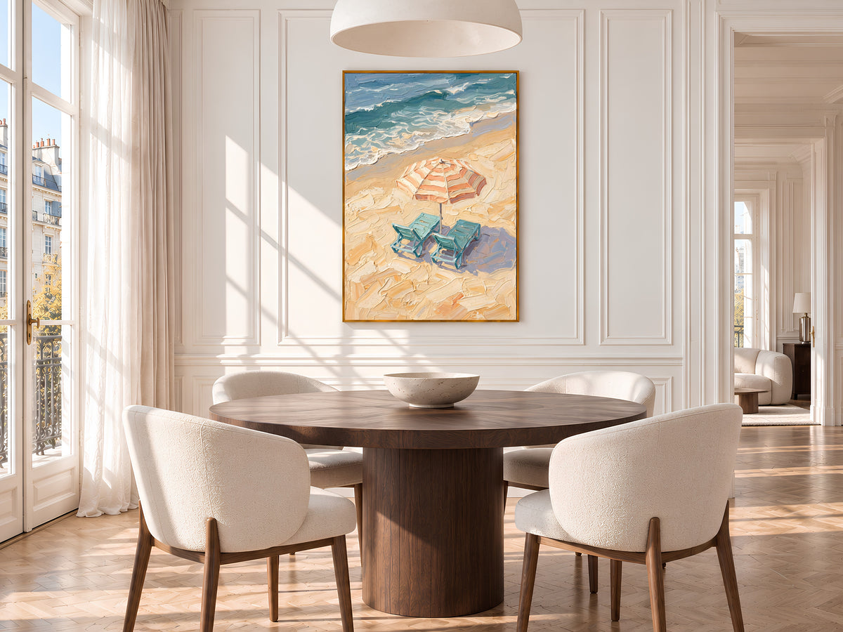 Beach Umbrella Painting Print, Striped Parasol Seaside Art, Textured Coastal Wall Art, Printable Digital Download