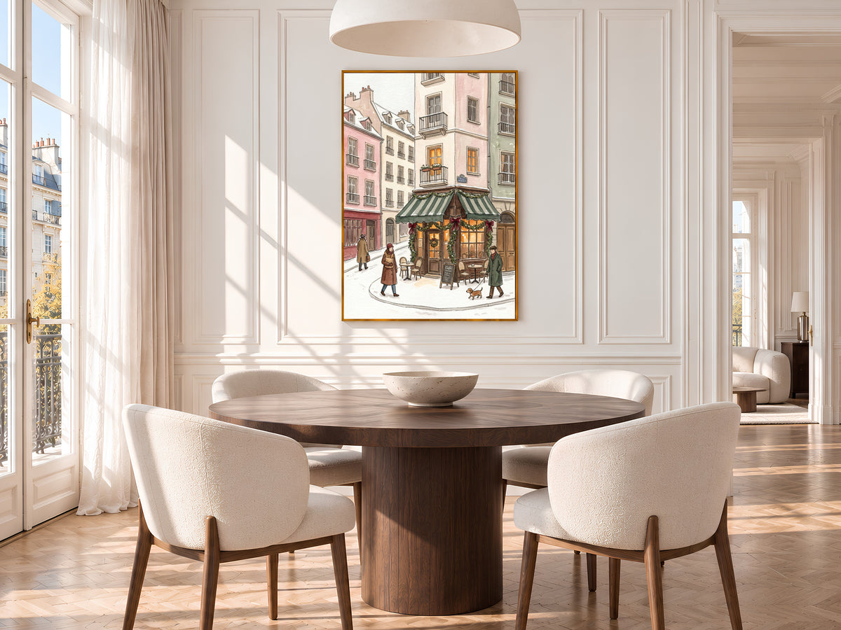 Snowy Paris Cafe Print, Christmas Bistro Watercolor, Winter Street Scene, Holiday Digital Download