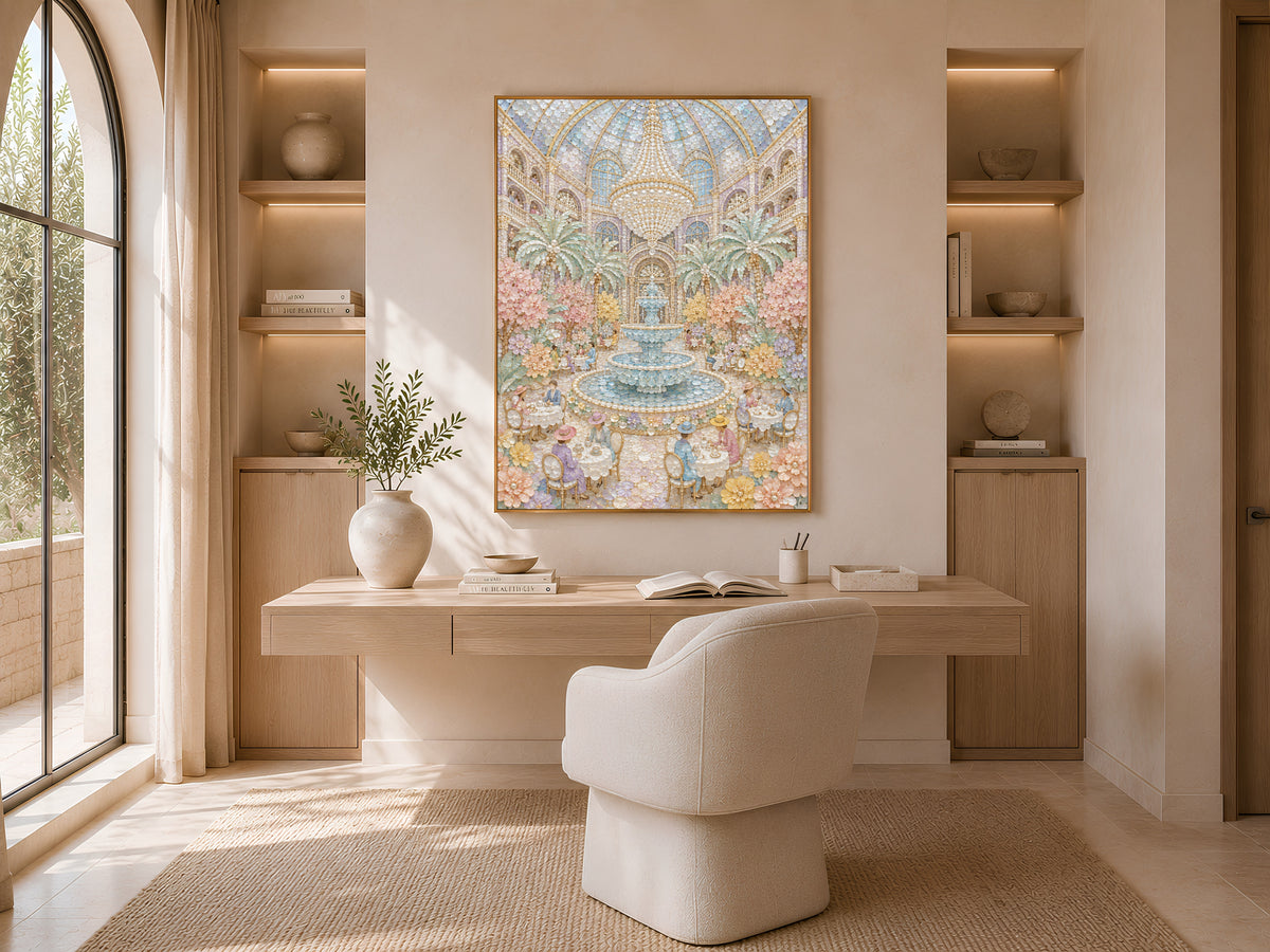 Pastel Garden Courtyard Wall Art, Whimsical Mosaic Fountain Print - Digital Download