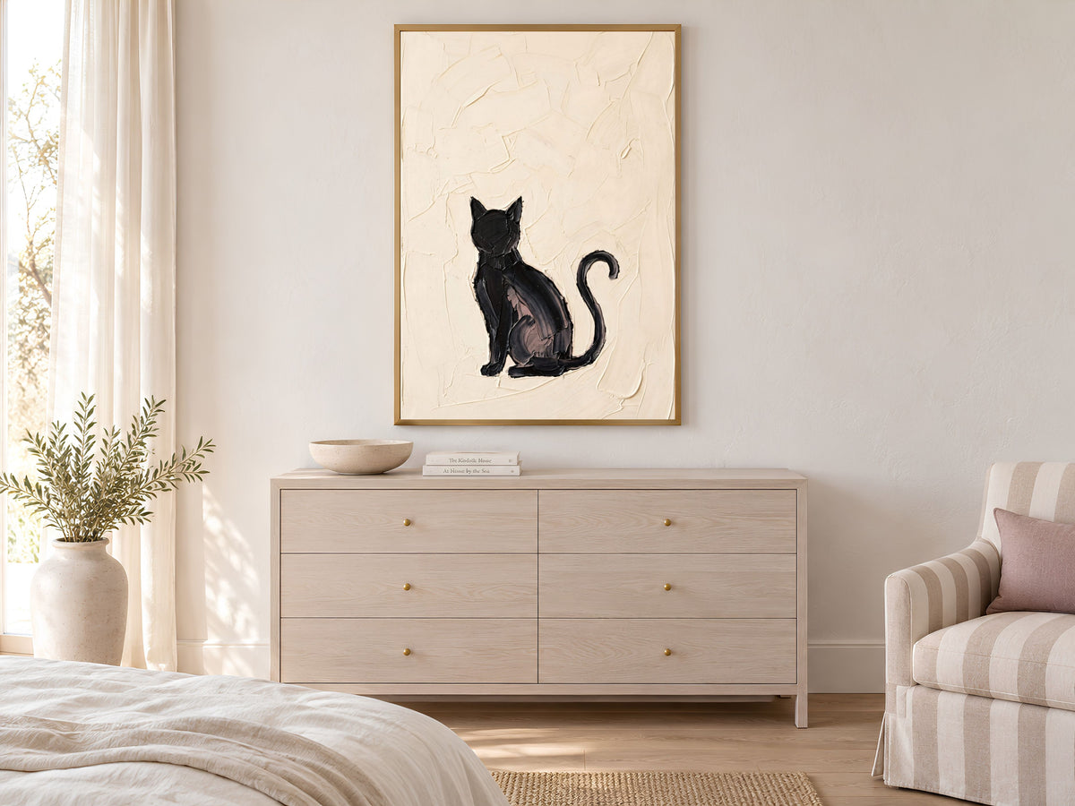 Minimalist Black Cat Wall Art, Impasto Oil Painting Print - Digital Download