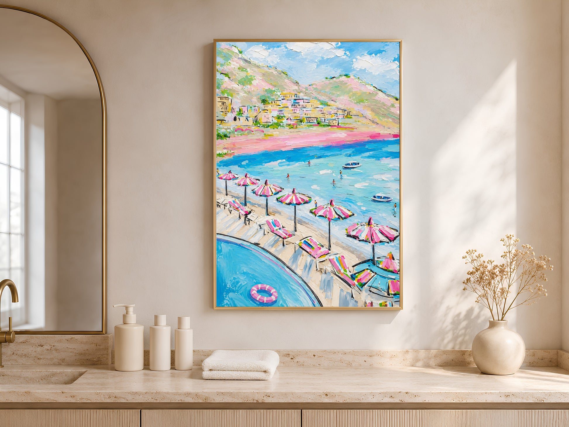 Colorful Positano wall art in a wood frame displayed on a minimalist console table with neutral ceramic vases and soft natural light through tall arched windows
