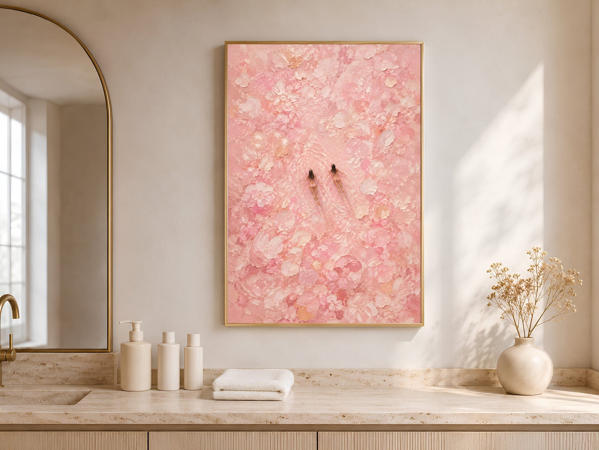 Framed pink swimmers wall art styled on a light oak sideboard with white ceramic vases and soft neutral decor beside a bright window
