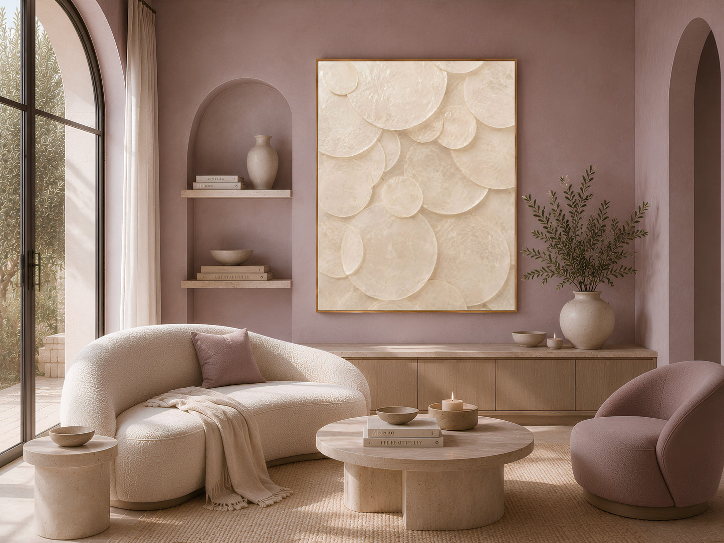 Capiz shell wall art above a curved sofa in a warm, minimalist living room