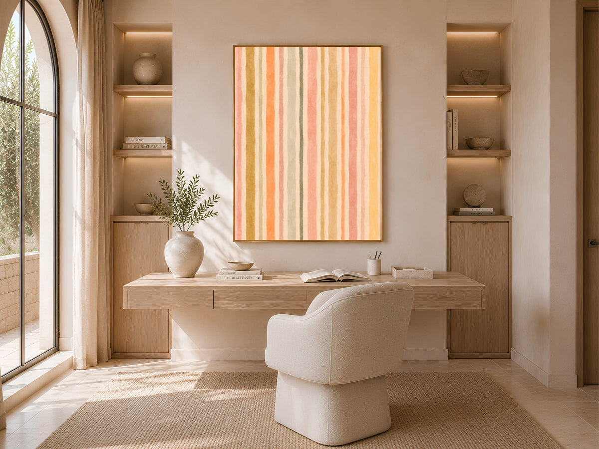 Pastel stripe wall art above a neutral home office desk