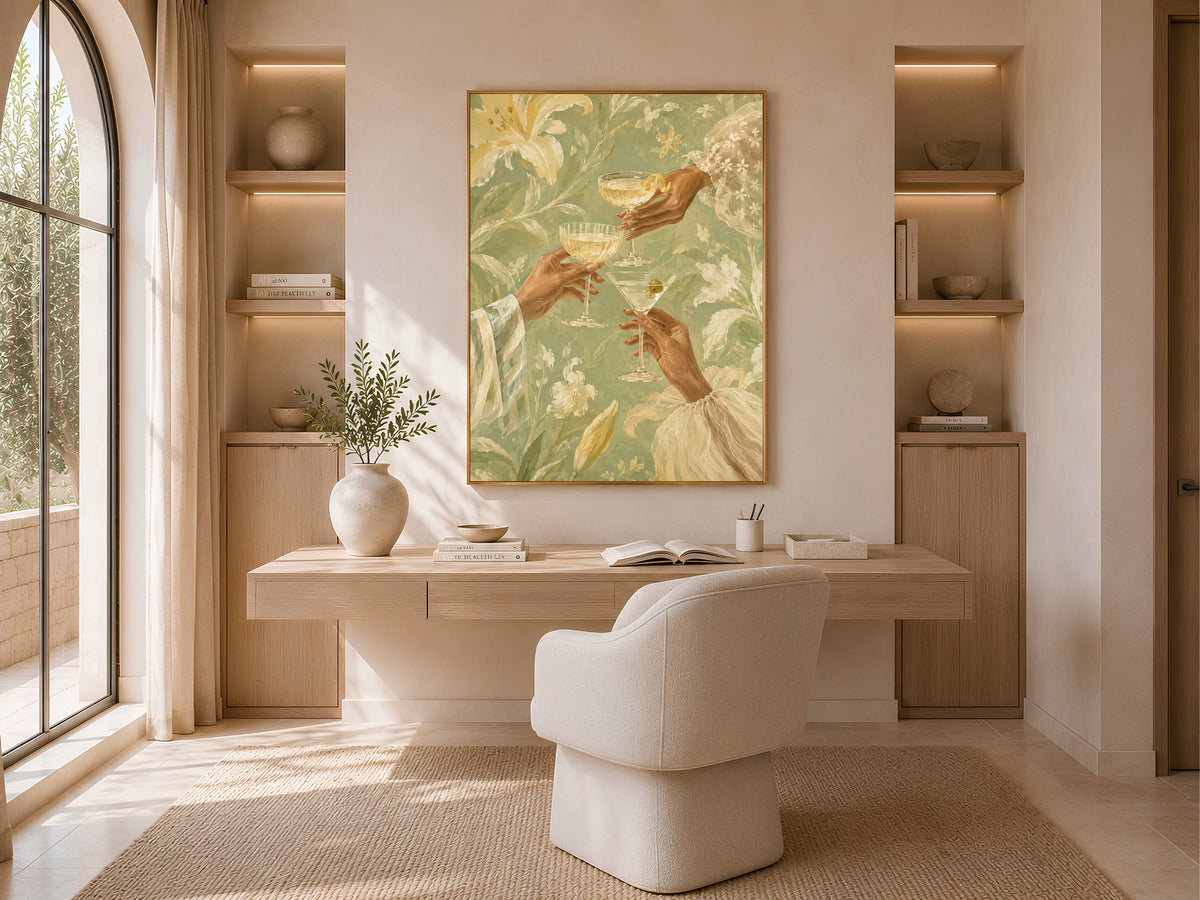 Cheers Cocktail Wall Art, Butter Yellow Floral Print - Digital Download