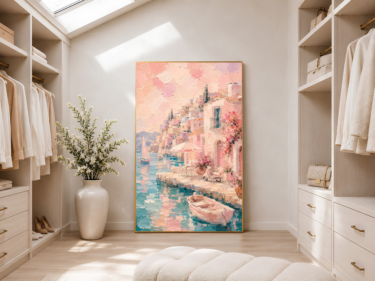 Pink Italian coastal print in gold frame displayed in a bright neutral walk-in wardrobe with open shelving and skylight