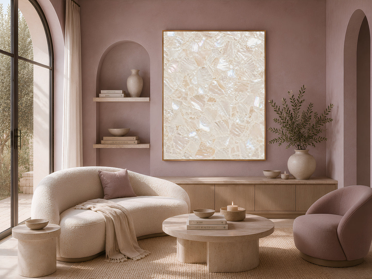 Sunlit living room with a curved bouclé sofa, armchair, and a framed terrazzo print above the seating area.