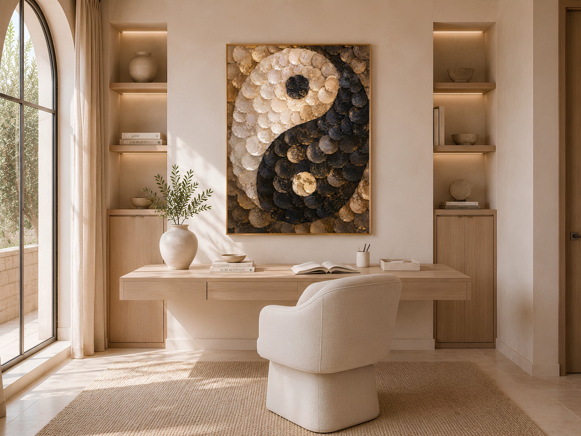 Capiz shell yin yang print above built-in desk nook with woven basket
