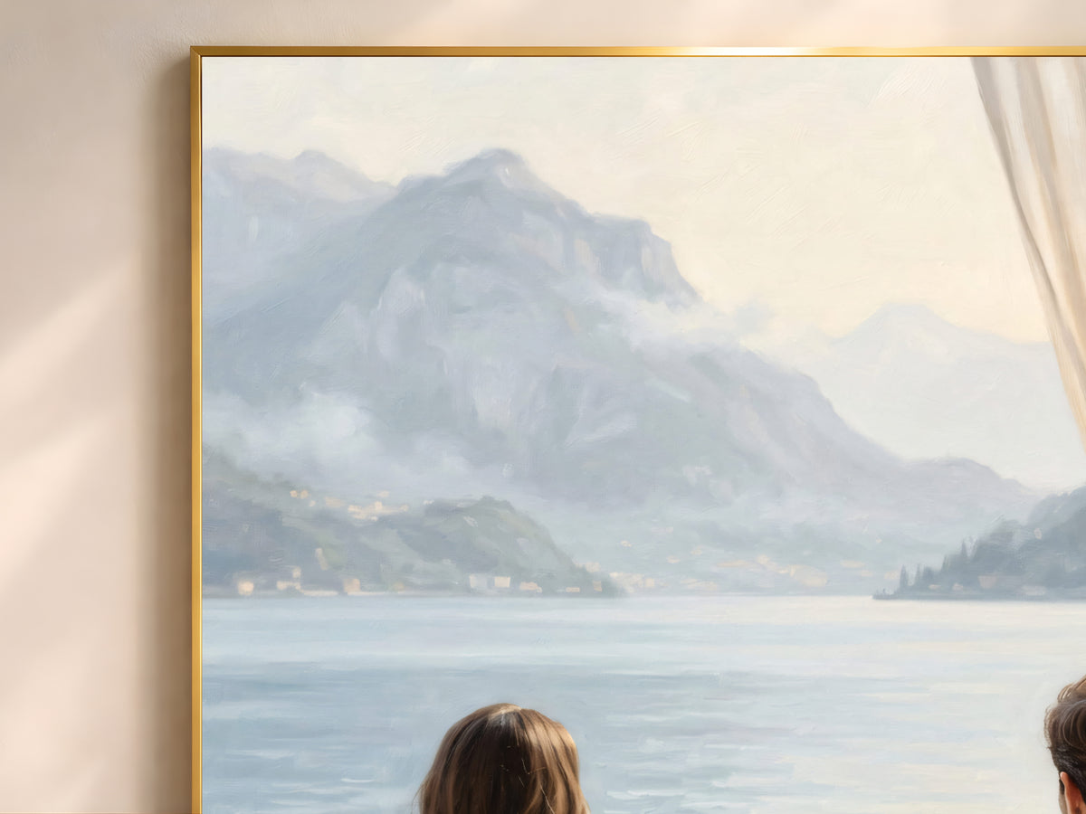 Lake Como Wall Art, Romantic Couple Breakfast Oil Painting Print - Digital Download