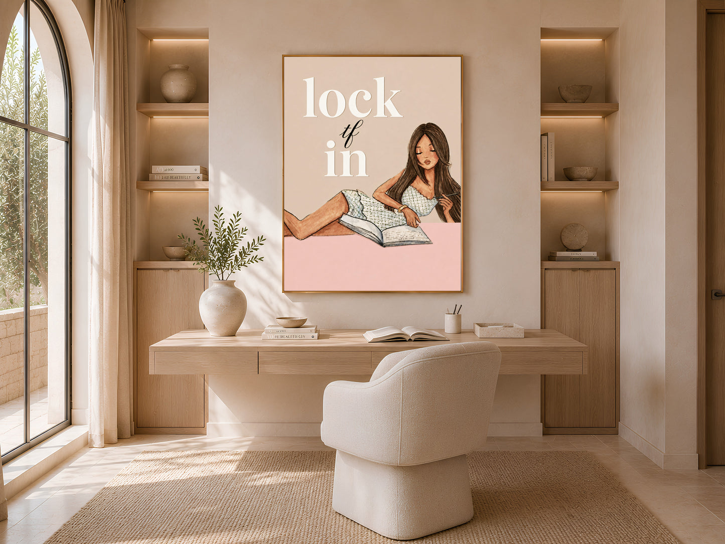 Lock TF In wall art displayed above a vanity desk with cream stool, coquette study motivation girl journaling illustration print
