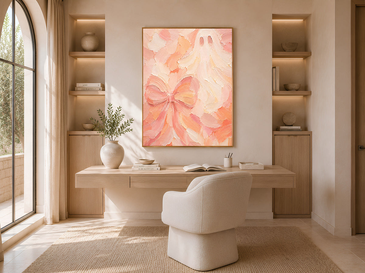 Pastel impasto ghost and bow art print framed above a desk in a light-filled home office
