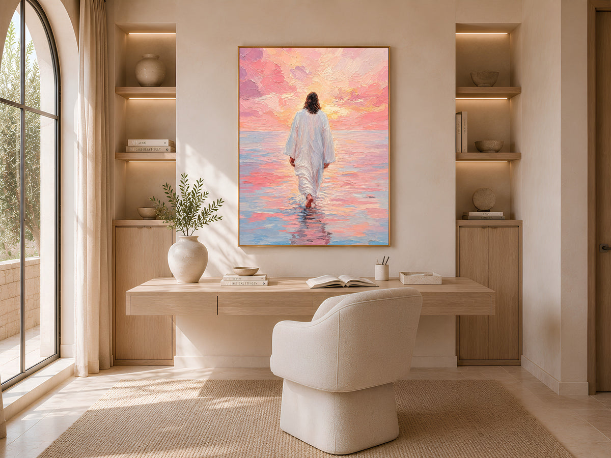 Jesus walking on water wall art above a neutral armchair nook