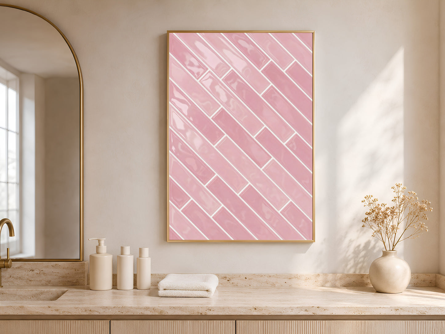 Pink herringbone tile wall art print in a gold frame in a bright minimal bathroom with an arched mirror, cream towels, and white ceramic vases
