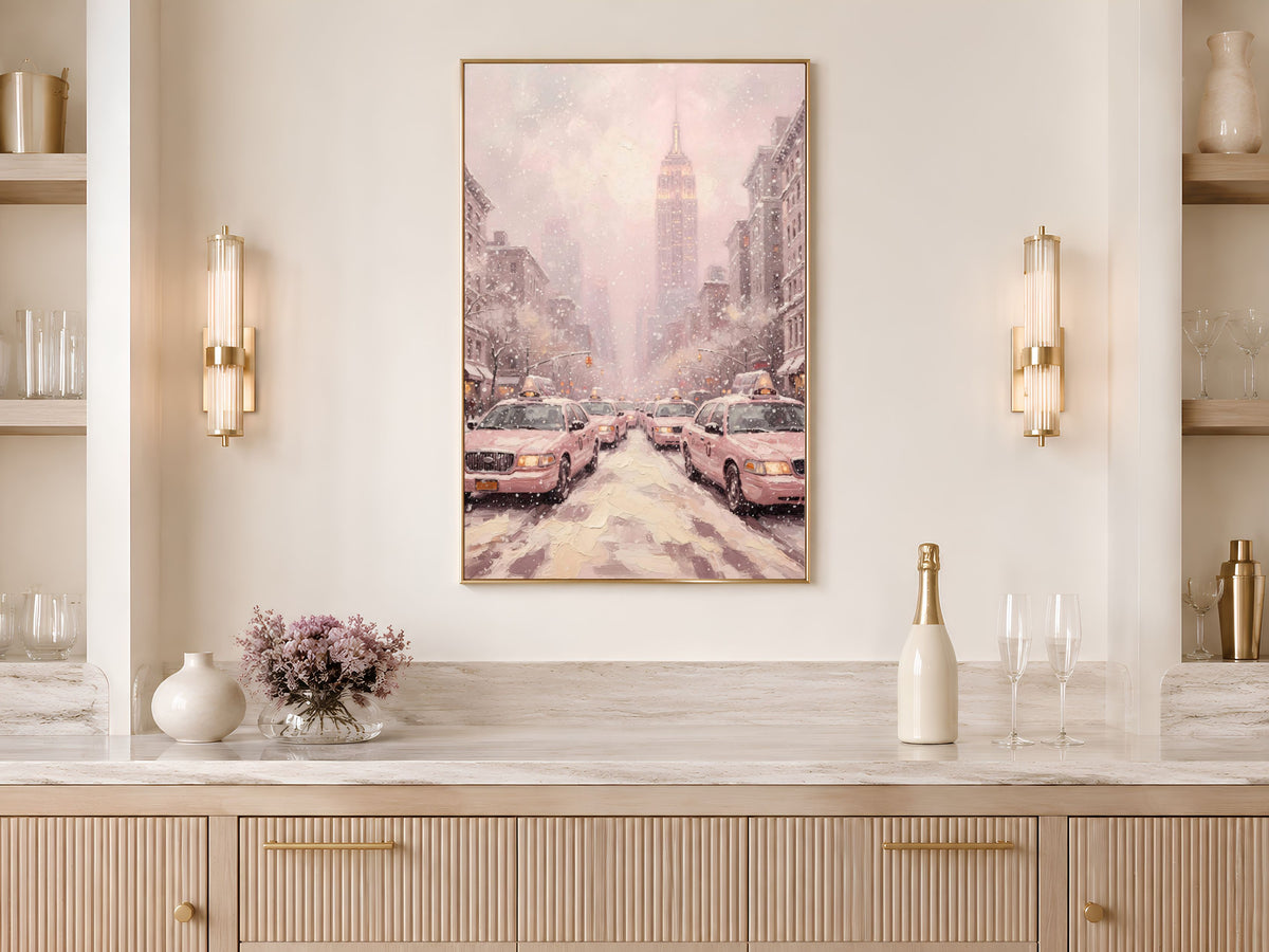 Pink Empire State Building Print, Monochrome NYC Taxi Wall Art - Digital Download