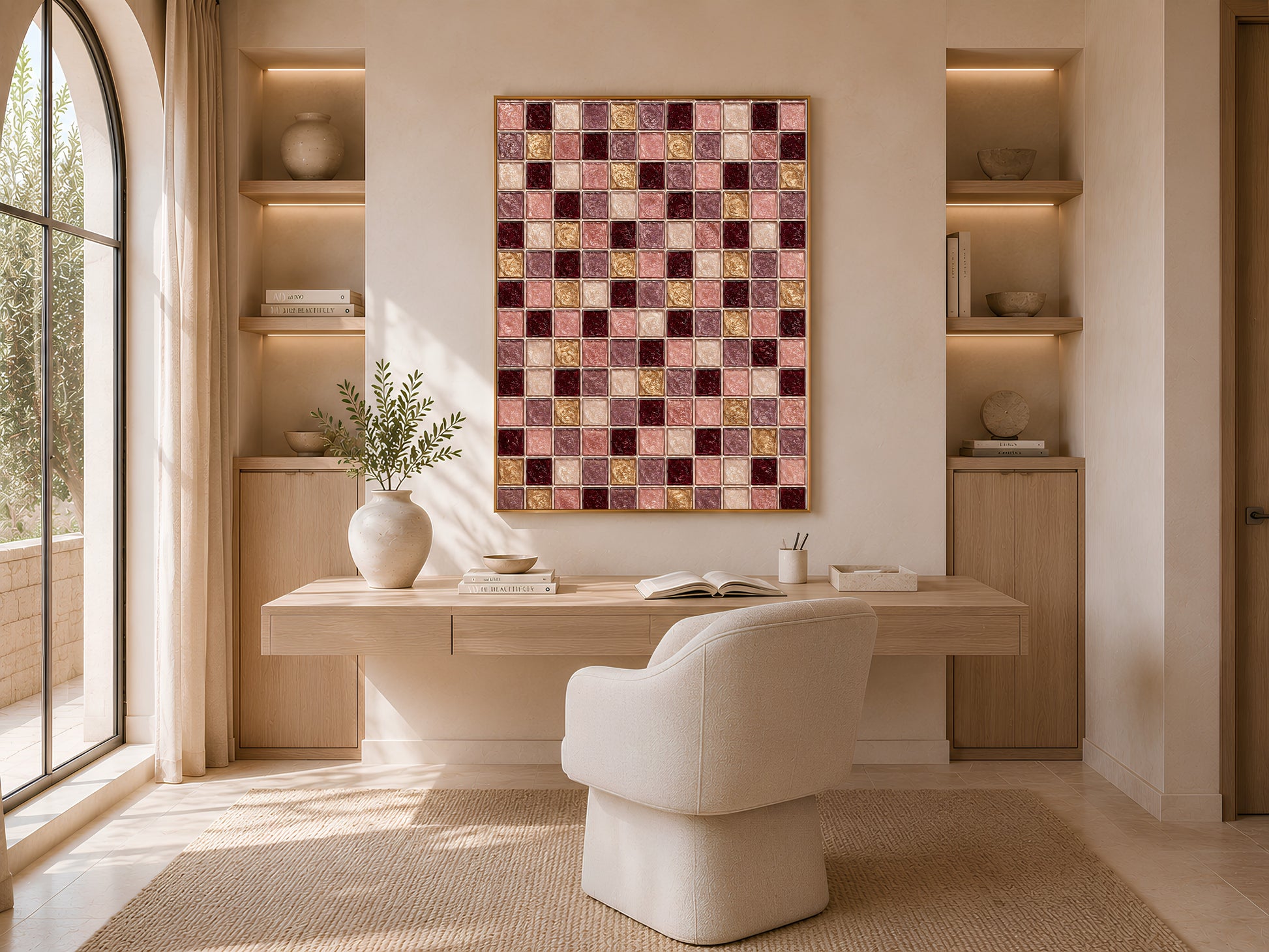 Burgundy gold mosaic tile wall art print framed above a boucle chair near arched windows
