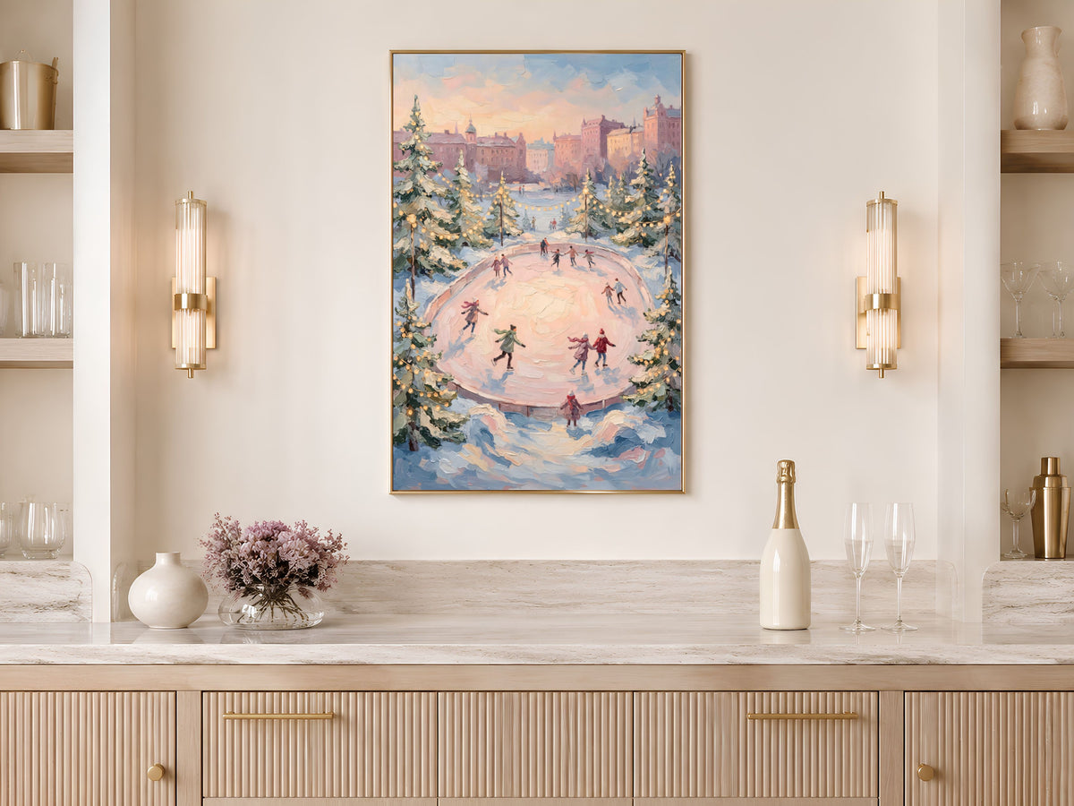 Ice Skating Rink Wall Art, Pink Sky Winter Print - Digital Download