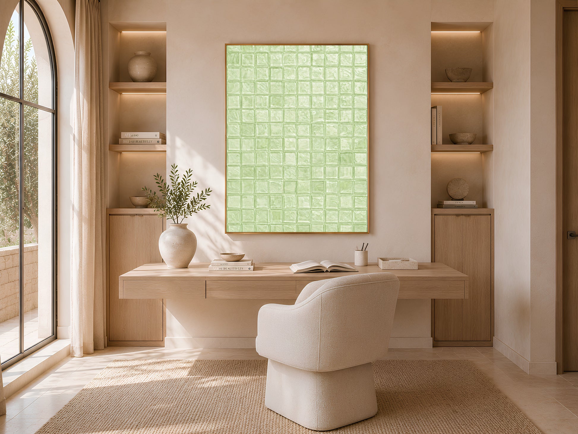 Sage green mosaic tile art print in a gold frame in a warm Japandi living room with cream boucle chair, oak shelving, and large windows

