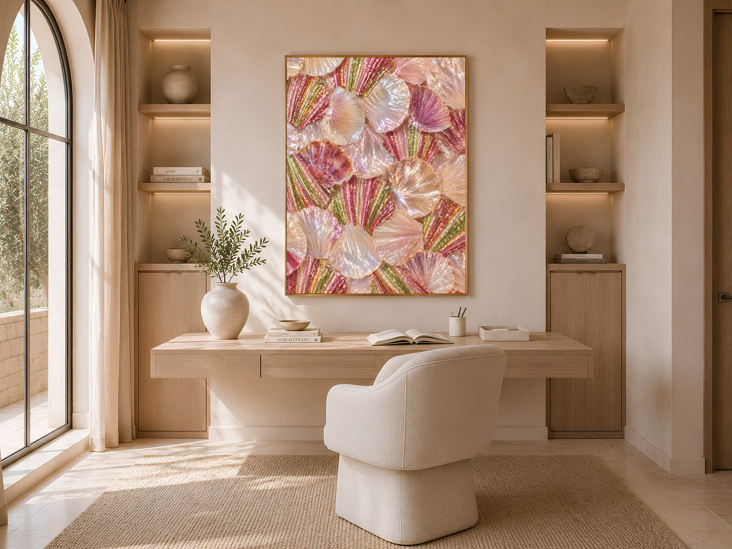 Iridescent shell wall art displayed above a vanity desk with arched shelving, glam pearlescent seashell painting print