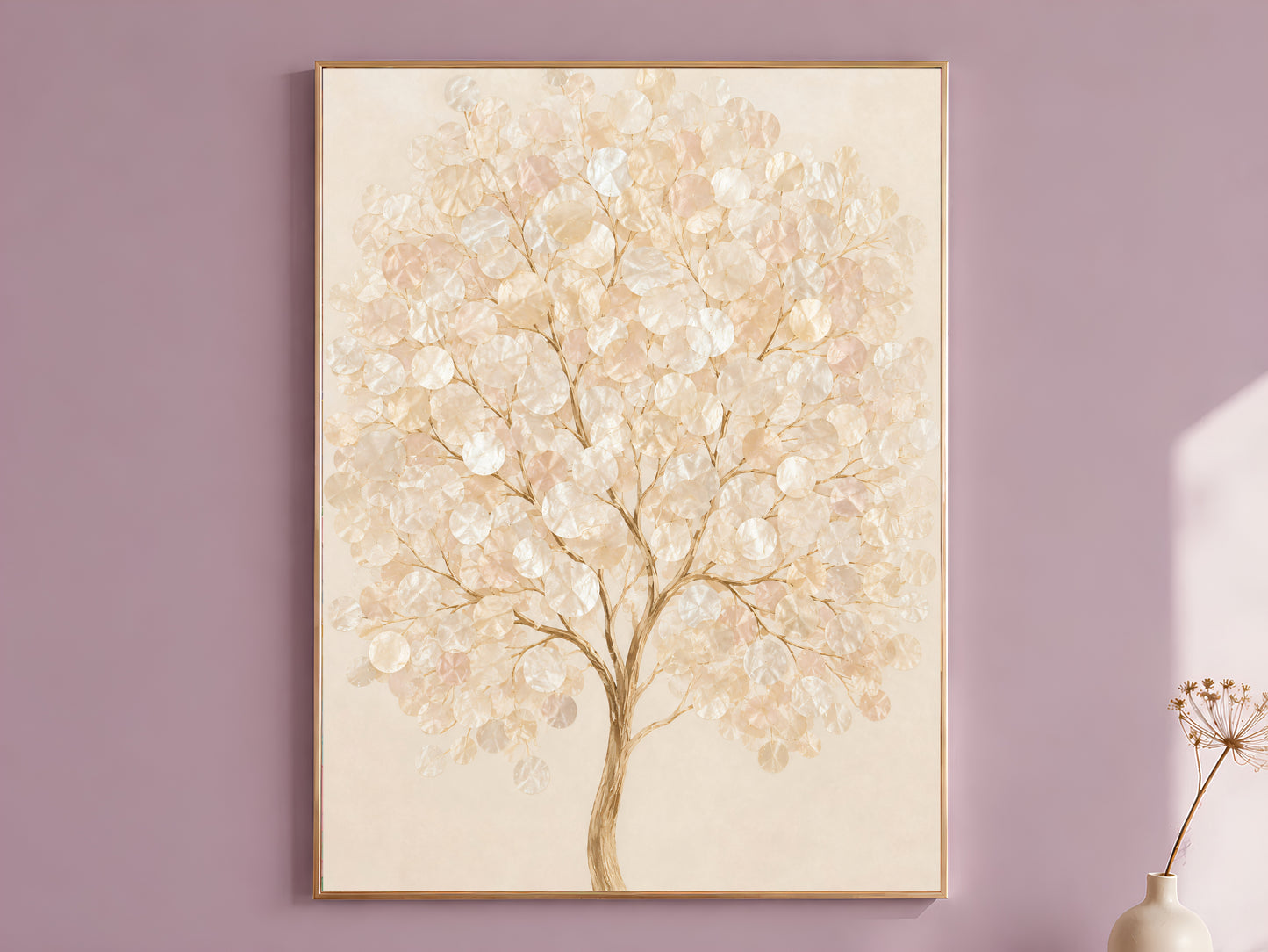 Capiz shell tree wall art print in a thin gold frame on a dusty lilac living room wall
