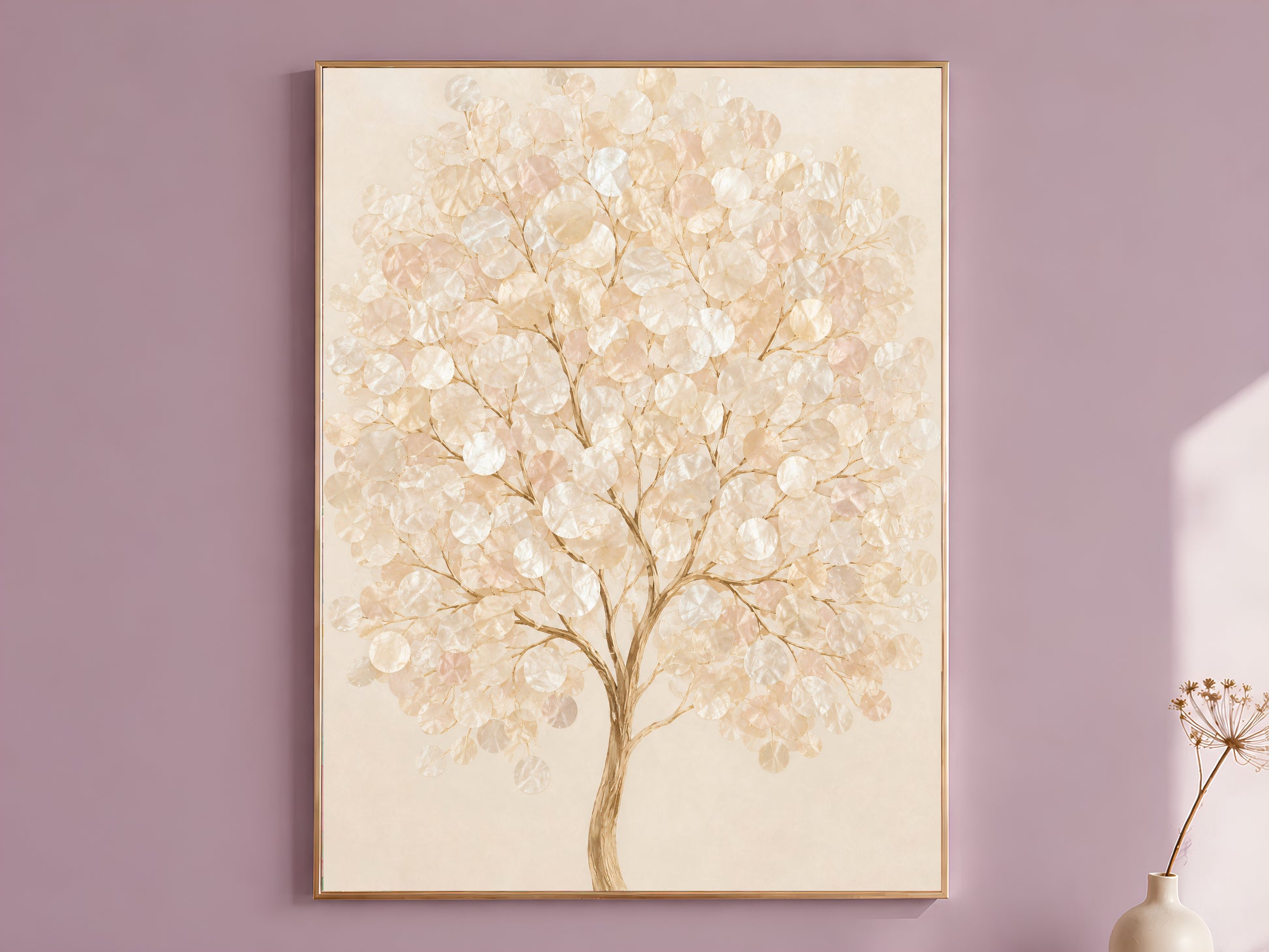 Capiz shell tree wall art print in a thin gold frame on a dusty lilac living room wall
