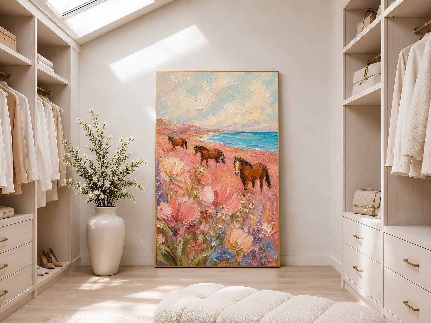 Three chestnut horses in a pink floral coastal meadow impasto painting in a gold frame displayed in a bright white walk-in wardrobe with warm natural light, neutral shelving, and large window
