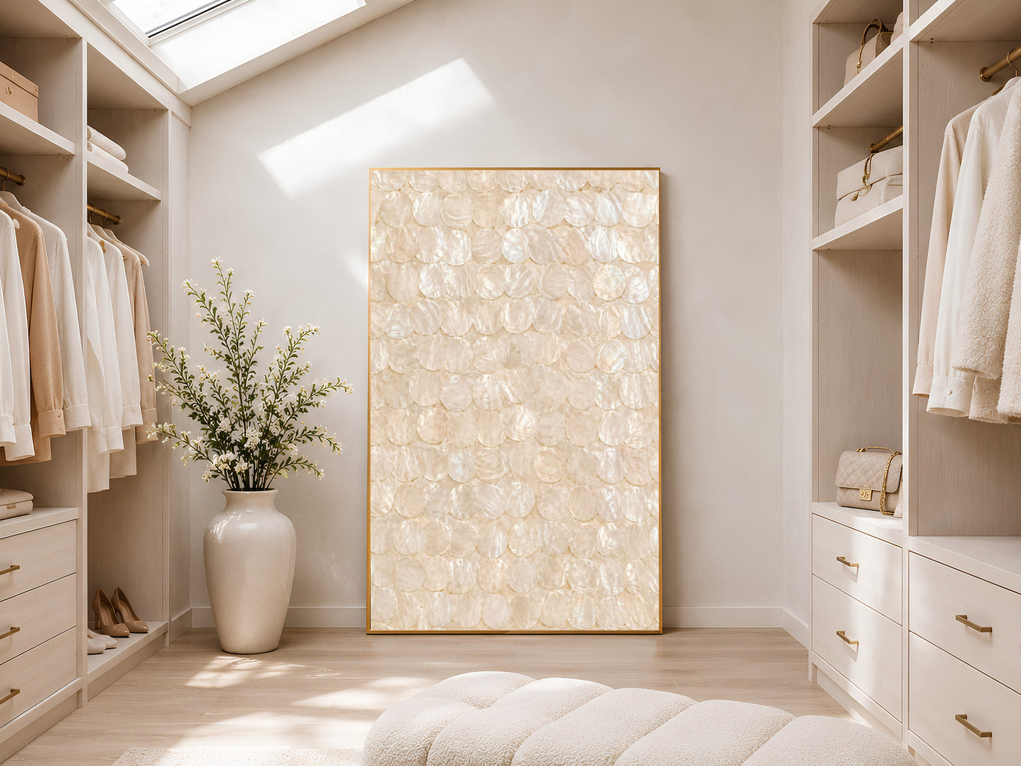 Capiz shell wall art print in a gold frame displayed in a bright white walk-in wardrobe with warm natural light, neutral shelving, and large vase with dried botanicals
