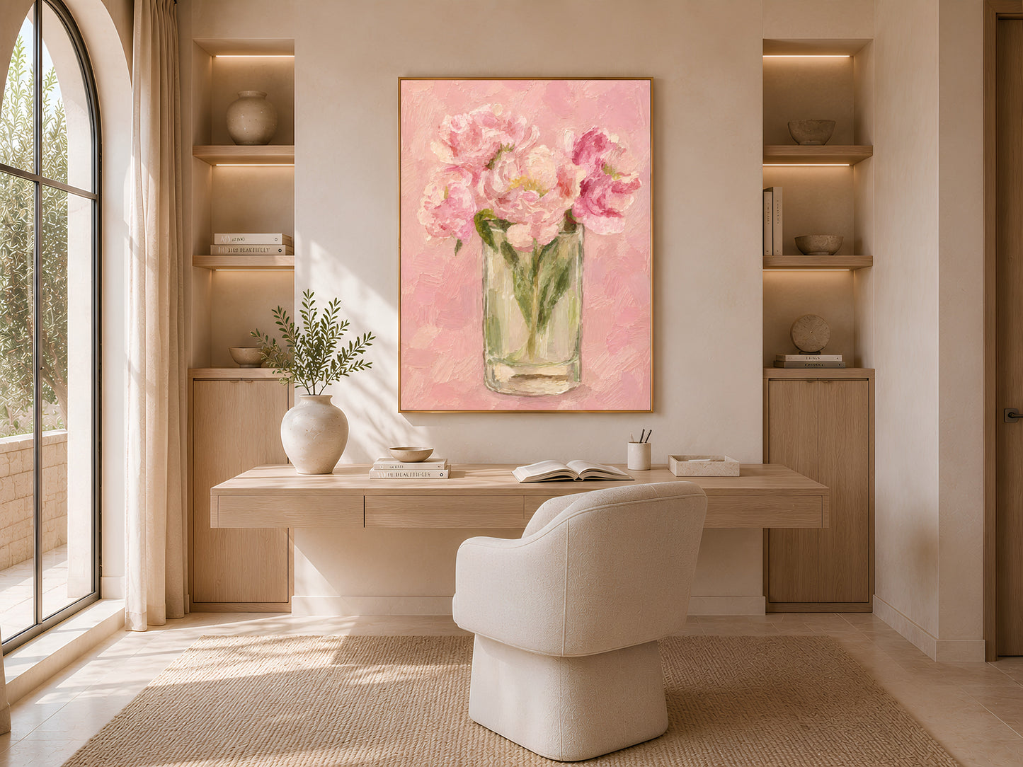 Peony vase print in gold frame above a home office desk with wood shelving