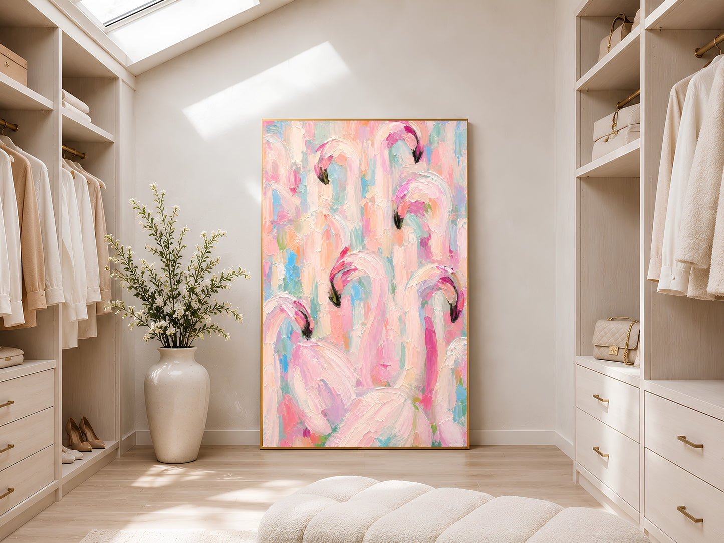 Large framed impasto flamingo flock print leaning against white wardrobe wall in bright sunlit dressing room with tall ceramic vase
