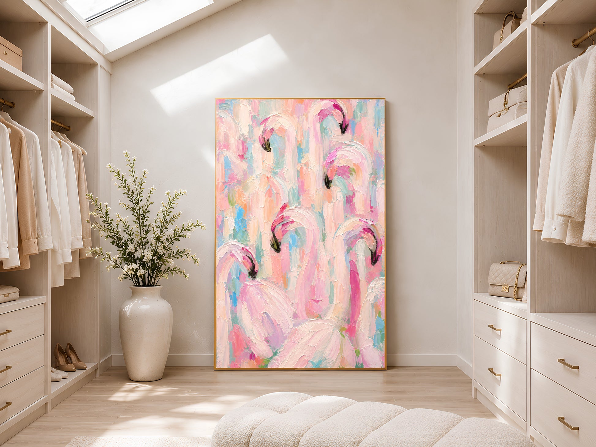 Large framed impasto flamingo flock print leaning against white wardrobe wall in bright sunlit dressing room with tall ceramic vase
